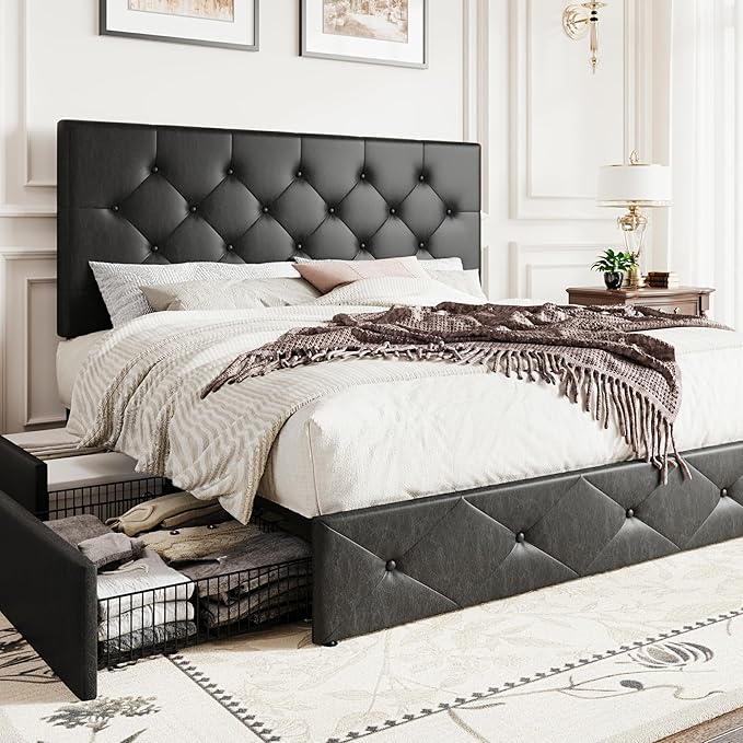 SHA CERLIN Upholstered Full Platform Storage Bed Frame with 4 Drawers, Adjustable Headboard with Faux Leather Diamond Button Tufted Design, Wooden Slat Support, No Box Spring Needed, Black