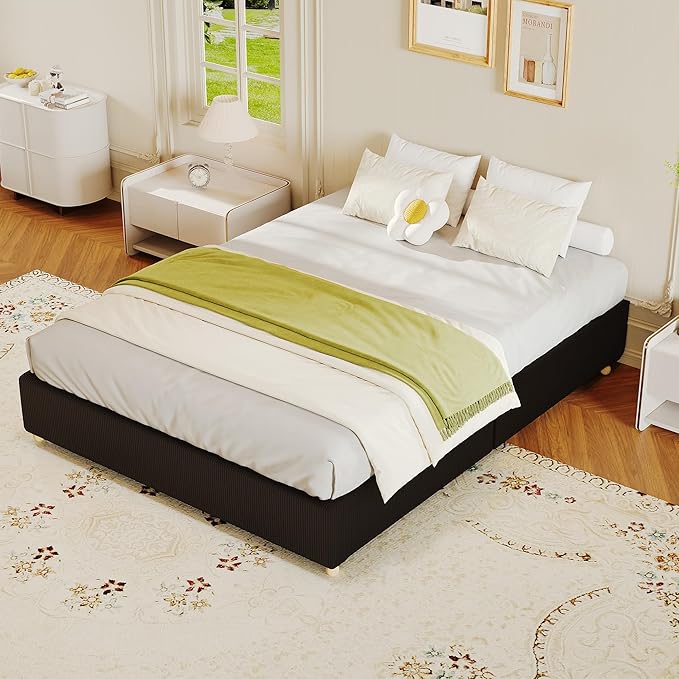 GarveeHome Full Size Cloud Bed Frame，Corduroy Low Bed Frame Without Headboard, Thick Fabric Upholstered Platform Bed, Solid Wood Legs, No Box Spring Needed, Never Squeak, Easy Assembly, Black