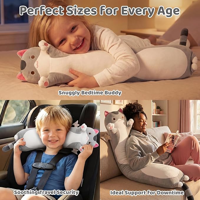 Mewaii 20” Long Cat Plush 5 Sizes, 120% Extra Filling Giant Plushness Kids Body Pillow, Kawaii Cute Grey Cat Stuffed Animals Plushies, Big Long Body Pillow Cat Plush Gift for Girls 20”