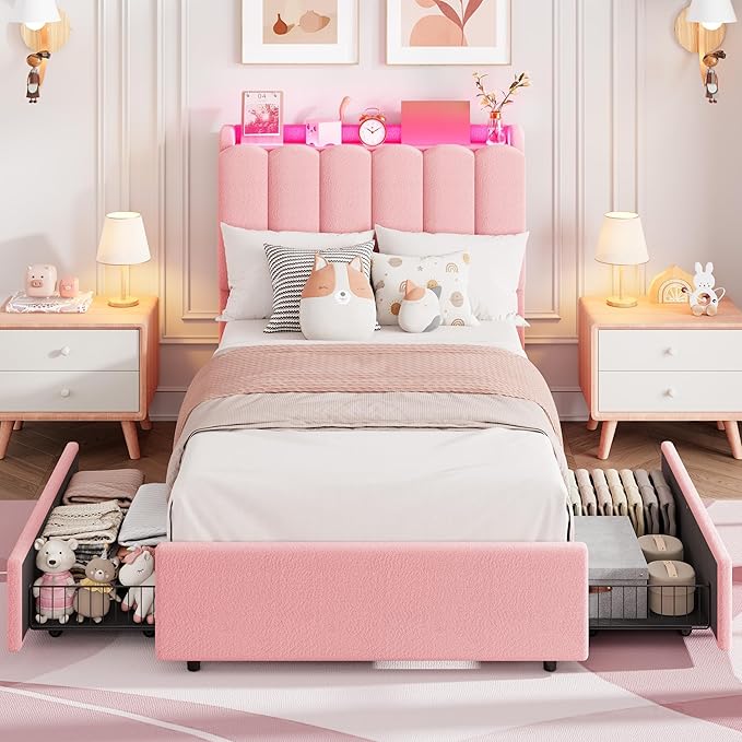 Garvee LED Twin XL Bed Frame with Storage Headboard, Kids Bed Frame with 2 Drawers, Boucle Upholstered Platform Bed for Girls, Chic Wavy Headboard with Bookcase, No Box Spring Needed, Pink