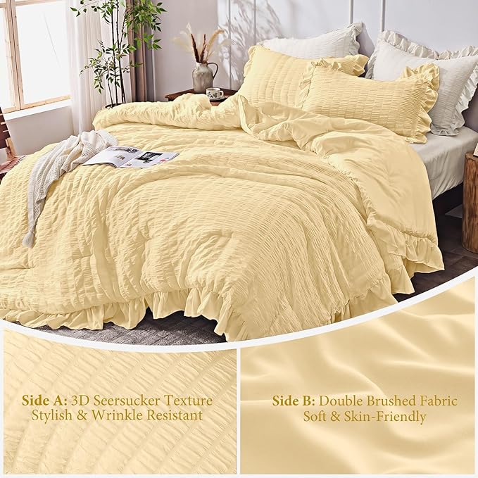 JOLLYVOGUE King Size Comforter Set, 3 Pieces Light Yellow Seersucker Comforters King Size, Lightweight & Fluffy Bedding Sets King for All Season with 1 Ruffle Comforter and 2 Ruffle Pillowshams
