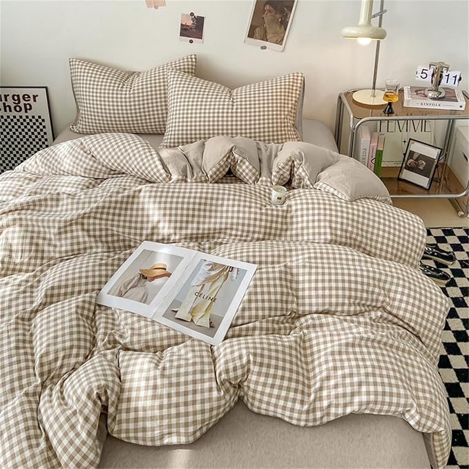 Nayoroom Gingham Duvet Cover Full Size Brown Tan Plaid Checkered Comforter Cover 3 Pieces Soft Lightweight Washed Microfiber Farmhouse Grid Dorm Bedding Set with Pillowcases