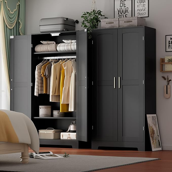 Wooden Armoire Wardrobe Closet, Wardrobe Cabinet with Door and Shelves, Freestanding Bedroom Armoires Clothing Storage Cabinet with Hanging Rod for Bedroom, Laundry Room, Cloak Room（Black）