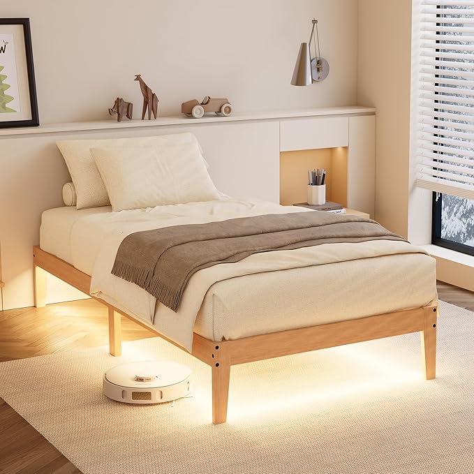 Tyndall Twin XL Bed Frame with LED Lights, 12 Inch Solid Wood Platform Bed with Under Bed Storage, Wooden Slats Support, Natural Finish, No Box Spring Needed, Noise Free, Easy Assembly