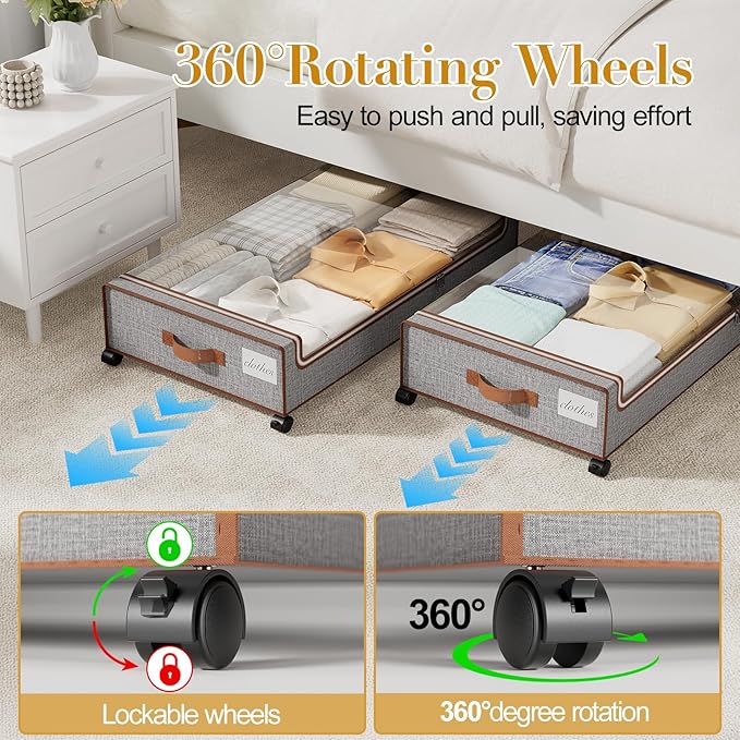 Yecaye Under Bed Storage with Wheels, 4 Pack Under the Bed Storage Containers with Lids & Label, XXL 60L Rolling Underbed Storage Drawers for Clothes, Blankets, Shoes
