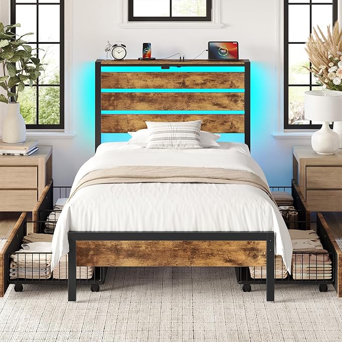 Rolanstar Twin Bed Frame with 4 Drawers, LED Lights and Charging Station, Metal Platform Bed with Storage Headboard, Noise Free, Easy Assembly, No Box Spring Needed, Rustic Brown