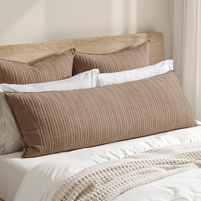 100% Cotton Waffle Weave Body Pillowcase, 1 Pack 20x54 Decorative Body Pillow Cover for Bed Couch Sofa, Neutral Long Cushion Sham Modern Farmhouse Home Decor, Brown