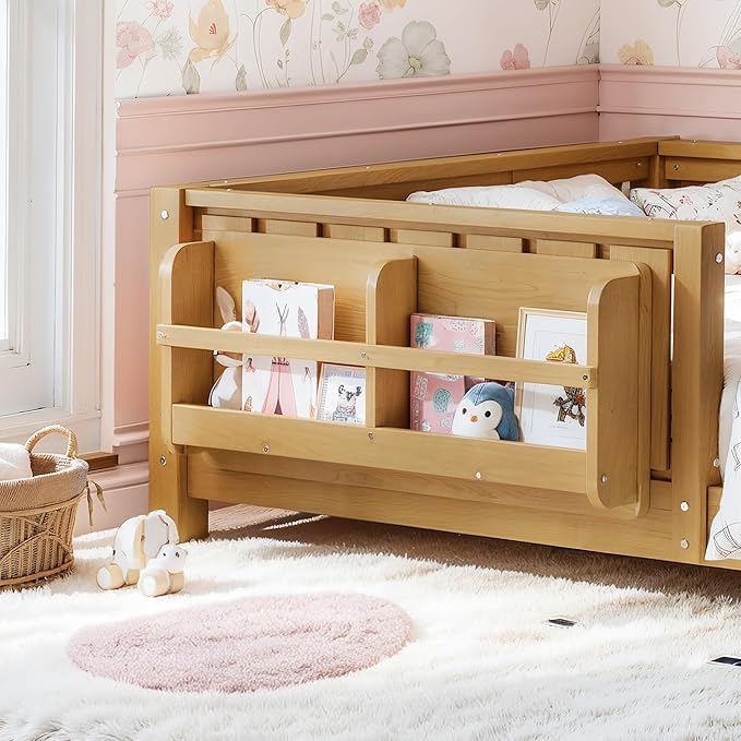 Bellemave Twin Size Kids Montessori Bed with Bookshelf,Solid Wood Twin Floor Bed Frame with Fence and Slats for Girls Boys,Low-Profile,Light Natural