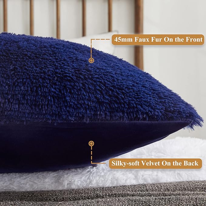 XeGe Luxury Shaggy Faux Fur Body Pillow Cover, Fluffy Bed Pillowcase with Zipper Closure, Soft Decorative Plush Fuzzy Long Pillow Sham for Home Living Room 20"x54" Navy Blue