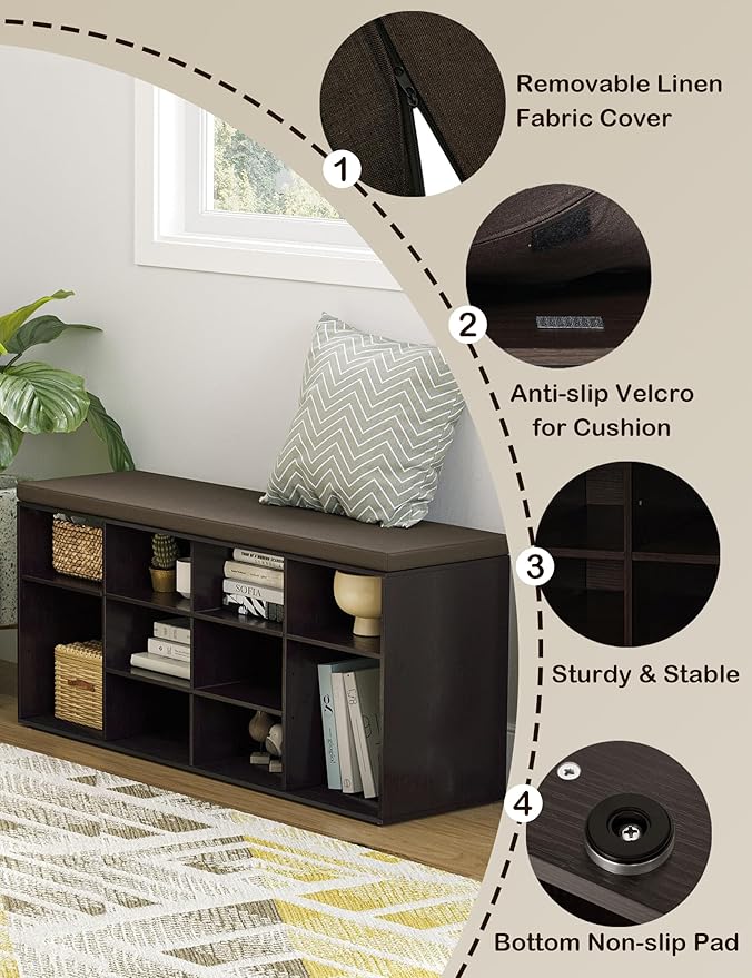 DINZI LVJ Shoe Storage Bench with Cushion, Cubby Shoe Rack with 12 Cubbies, Adjustable Shelves, Multifunctional Shoe Organizer Bench for Entryway, Mudroom, Hallway, Closet and Garage, Espresso