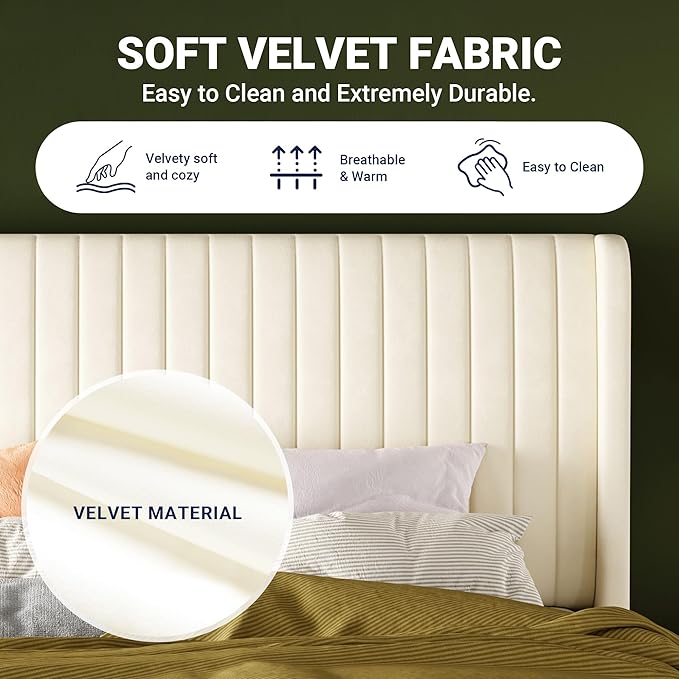 Allewie Full Size Velvet Bed Frame/Vertical Channel Tufted Wingback Headboard/Upholstered Platform Bed/Strong Wooden Slats/No Box Spring Needed/Easy Assembly/Cream White