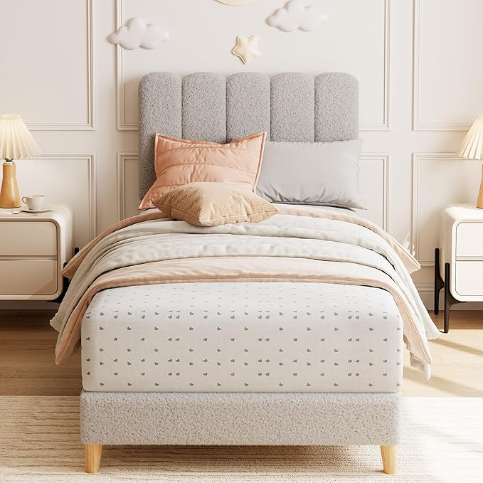 GarveeHome Twin XL Bed Frame, Upholstered Platform Bed with Wave Headboard for Girls/Kids, Easy Assembly, Wooden Slats Support, No Box Spring Needed, Boucle Grey