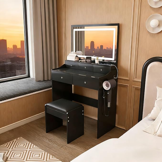 Casaphoria Vanity Desk with Large Mirror, 5 Drawers, Adjustable Lighting & Power Outlet - Modern Black Makeup Vanity Set with Hair Dryer Holder for Bedroom, Dressing Table with 3 Light Colors