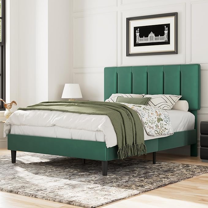 VECELO Queen Size Bed Frame with Adjustable Headboard, Upholstered Platform Bedframe with Wood Slat Support, No Box Spring Needed, Easy Assembly, Dark Green