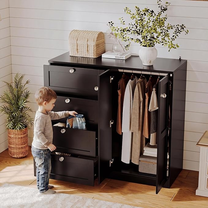 VOWNER Armoire Wardrobe Closet with 4 Drawers and 2 Doors, 43''H Clothing Storage Cabinet Dresser with Hanging Rod, Cothes Wardrobe for Bedroom, Baby Closet, Black