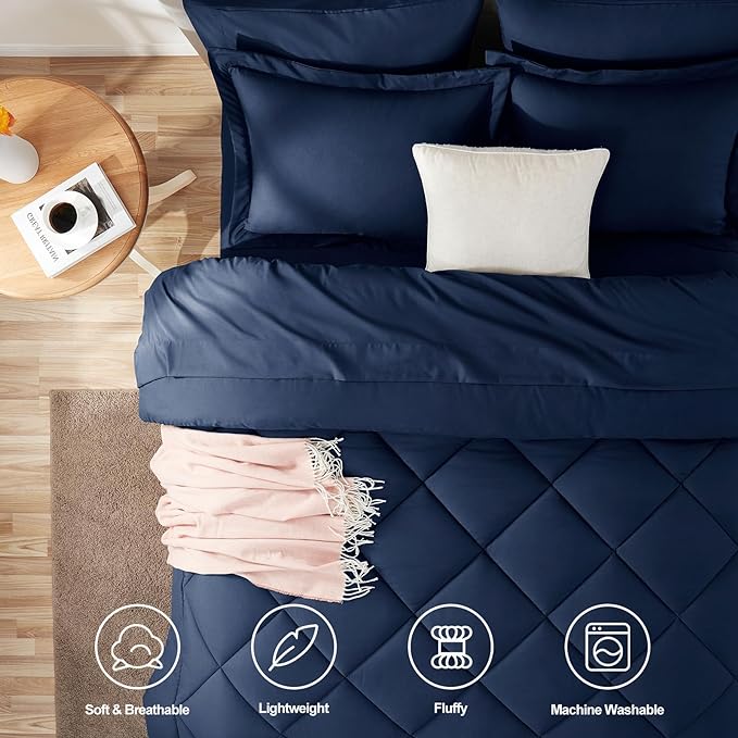 CozyLux California King Comforter Set Navy Blue - Cal King Bed in a Bag 7 Pieces, Luxury Soft Bed Set for All Seasons, Bedding Set with Down Alternative Comforter, Sheets, Pillowcases & Shams