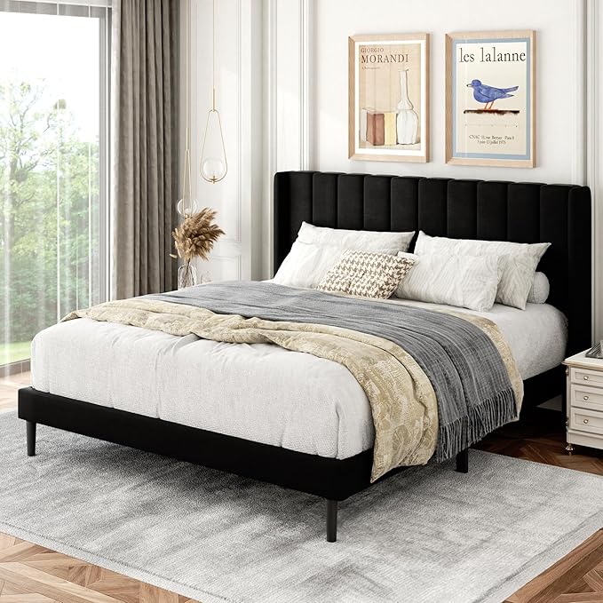 Gruwans Queen Size Bed Frame with Upholstered Wingback Headboard, Easy Assemnly Platform Bed, Wooden Slat Support No Box Spring Needed, Black Velvet
