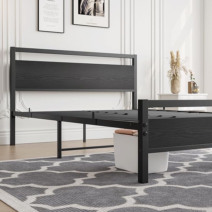 HOJINLINERO Full Size Bed Frame with Headboard,Platform Metal Bed Frame Full Size,Black Wood Bed Frame No Box Spring Needed Heavy Duty Metal Slats Support,Mattress Beds Base,Noise Free,Easy Assembly