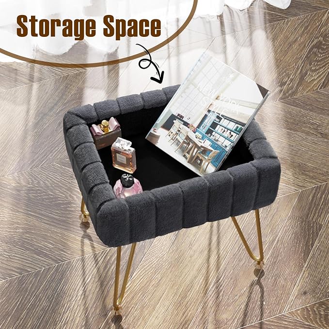 Greenstell Vanity Stool Chair Faux Fur with Storage,15.7"L x 11.8"W x 19.4"H Soft Ottoman 4 Metal Legs with Anti-Slip Feet, Furry Padded Seat, Modern Multifunctional Chairs for Makeup, Bedroom Grey