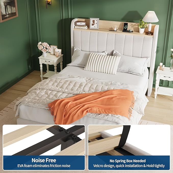 Garvee Upholstered Platform Bed Frame with Storage Headboard, Integrated Charging Station (2 USB Ports & AC Outlets), Spacious Drawers, Heavy Duty, Easy Assembly, Noise-Free - Queen/King, Grey/Beige