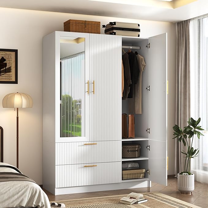Squireewo Fluted Style 3 Doors Wardrobe Closet Armoire with Mirrors and LED Lights, 70.3" H Modern Wooden Bedroom Armoires with 2 Drawers, Large Capacity Freestanding Armoire, White