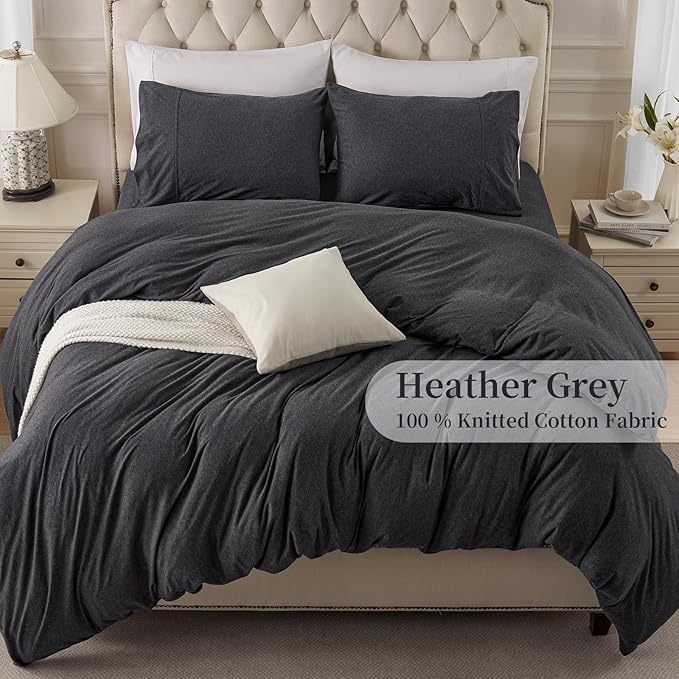 PURE ERA Jersey Knit Duvet Cover Set 100% T-Shirt Cotton Super Soft Comfy 3pc Bedding Set with Zipper Closure (Heather Charcoal Grey, Oversized Queen)