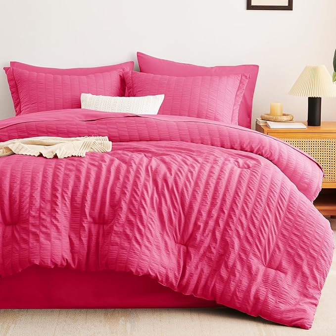 CozyLux King Size Comforter Set Hot Pink Seersucker 7 Pieces Bed in a Bag King Comforter Set with Sheets, Luxury Bedding Sets with Down Alternative Comforter, Sheets, Pillowcases & Shams All Seasons