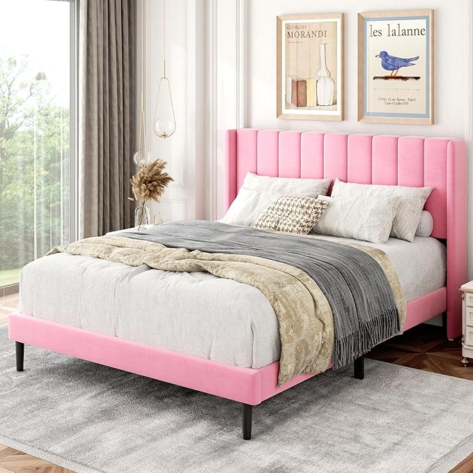 Gruwans Full Size Bed Frame with Upholstered Wingback Headboard, Easy Assemnly Platform Bed, Wooden Slat Support No Box Spring Needed, Pink