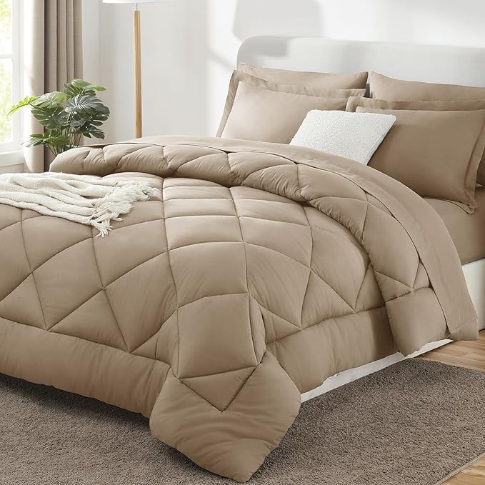 CozyLux Full Size Comforter Sets Taupe - 7 Pieces Bed in a Bag Full, Luxury Soft Bed Set for All Seasons, Bedding Set with Down Alternative Comforter, Sheets, Pillowcases & Shams