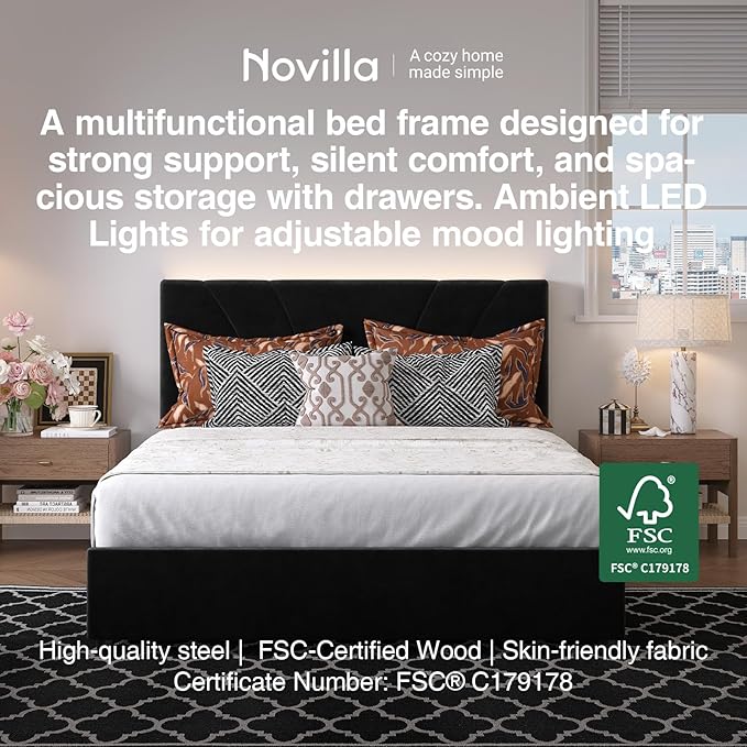 Novilla Full Size Bed Frame with Headboard, Full Size Bed Frame with Drawers, Full Bed Frame with LED Lights, Charging Station and Adjustable Headboard, No Box Spring Needed, Black Velvet