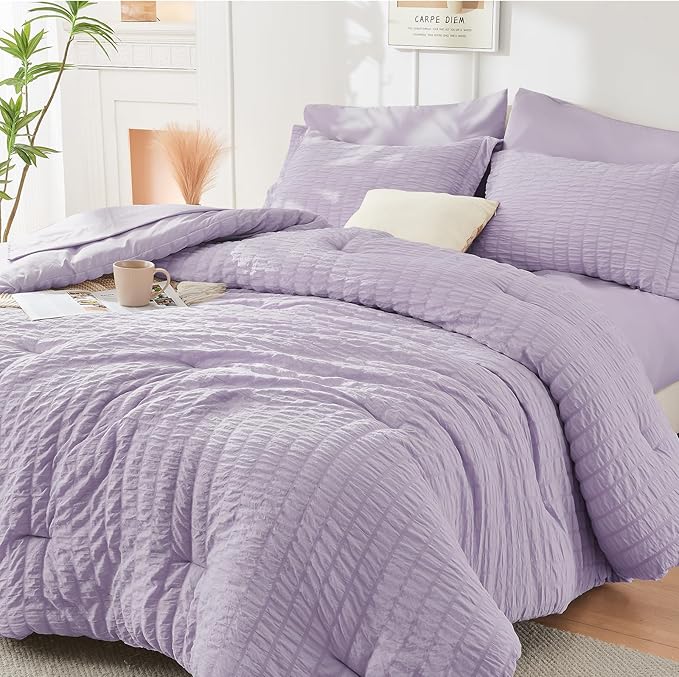 HYMOKEGE Lavender Duvet Cover Full Size, Ultra Soft 3-Piece Seersucker Duvet Cover Set with Zipper Closure, Soft Brushed Microfiber Bedding Set with 8 Corner Ties (80"x90", 2 Pillowshams)