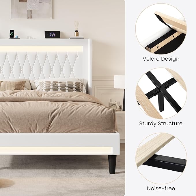 SHA CERLIN Full Size LED Bed Frame with Charging Station, Velvet Upholstered Platform Bed with High Wingback Headboard, No Box Spring Needed, Easy Assembly, White
