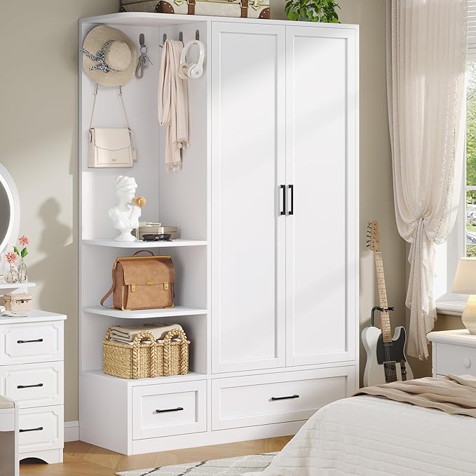 DynJest Armoire Wardrobe Closet with 2 Drawers, 70" Tall Clothing Storage Cabinet with Hanging Rod, 3 Open Shelves & 5 Hooks, 2 Doors Large Capacity Wooden Cabinet for Bedroom, White