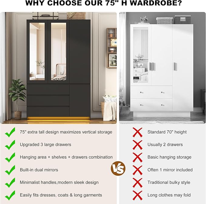 3 Doors Armoire Wooden Wardrobe Closet with 3 Drawers & 2 Mirror, 75"H Clothing Storage Cabinet with Hanging Rod,Modern Bedroom Large Freestanding Armoires with Led Lights for Bedroom,Black