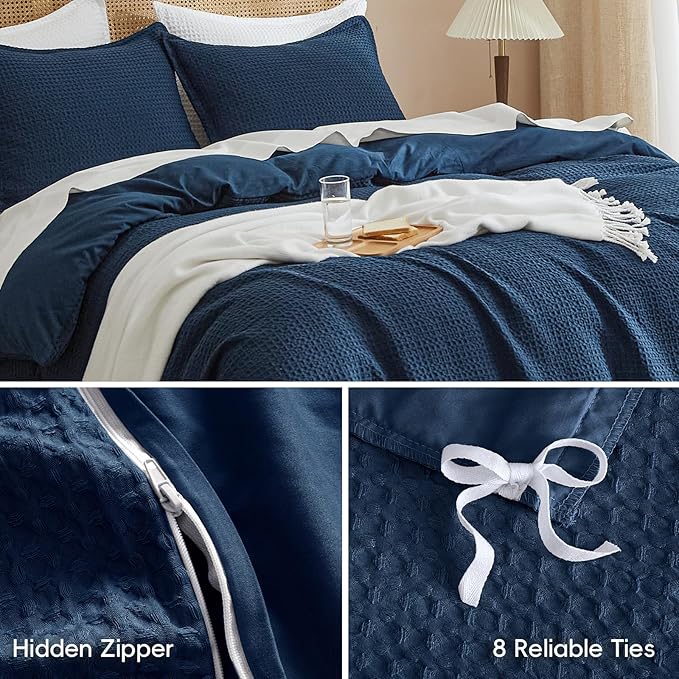 PHF Waffle Weave Duvet Cover California King, No Snagging Ultra Soft Luxury Textured Breathable Comforter Cover for All Season 3pcs, Durable Bedding Duvet Set with 2 Pillow Shams, 104"x98", Navy Blue