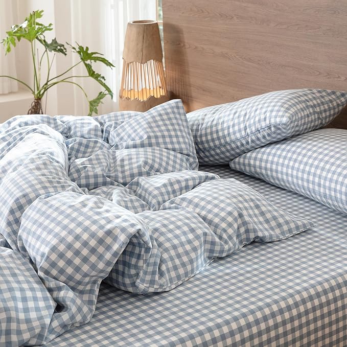 MooMee Gingham Duvet Cover Set 100% Washed Cotton Linen Like Textured Breathable Durable Soft Comfy Modern Checkered Design (Classic Gingham Cornflower Blue, Twin 68"x90")