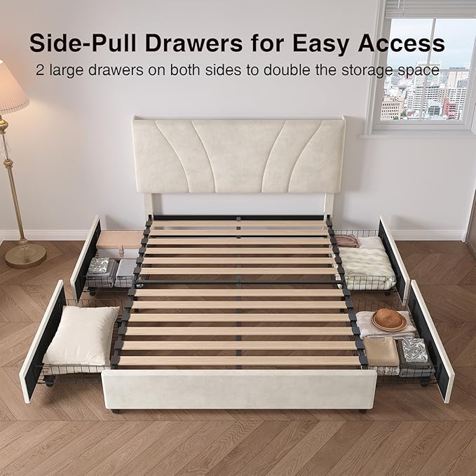 Novilla Full Size Bed Frame with Drawers, Full Size Bed Frame with Headboard, Full Bed Frame with LED Lights, Charging Station and Adjustable Headboard, No Box Spring Needed, White Velvet