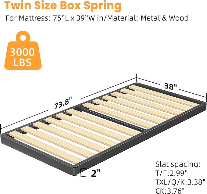 VIPSHOW 2 Inch Wood Slat Twin Box Spring with Round Corners - 3000 lbs Capacity, Low Profile Bed Slat Replacement Bunkie Board with Metal Frame, Noise-Free, Easy Assemble, Black