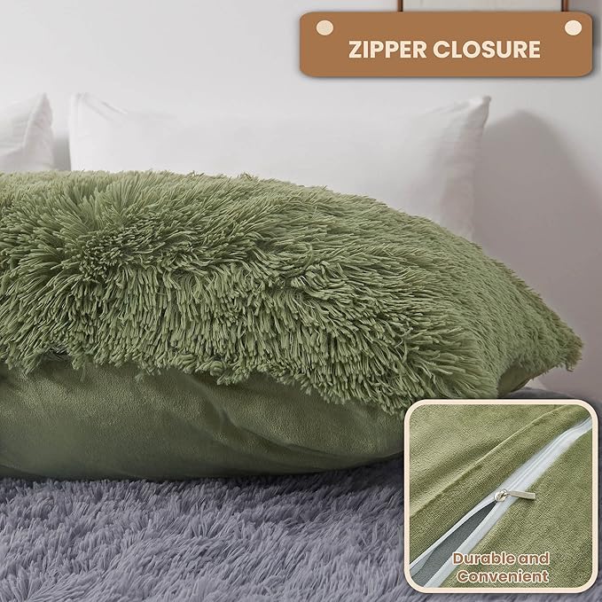 MEGO Fluffy Body Pillow Cover, 20x54 Shaggy Faux Fur Body Pillow Case, Green Comfy Plush Fuzzy Body Pillowcase, Furry Long Throw Bed Pillow Cover with Zipper for Adults Women Side Sleeper Sage Green