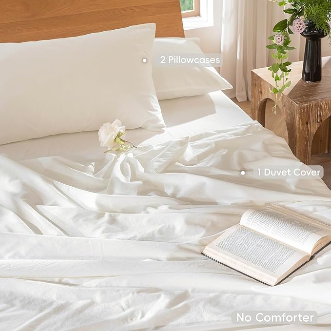 MooMee Bedding Duvet Cover Set 100% Washed Cotton Linen Like Textured Breathable Durable Soft Comfy (Solid Off White, Super King Plus 120"x120")