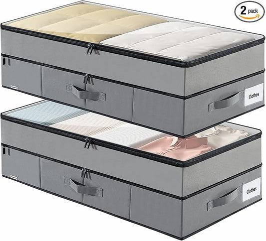 Supowin Large Under Bed Storage Containers, 2-Pack Double Layer Underbed Storage Bins with 3 Handles, 70L Extensible/Closed Clothes Storage Organizer with Sturdy Bottom Sidewalls, Grey