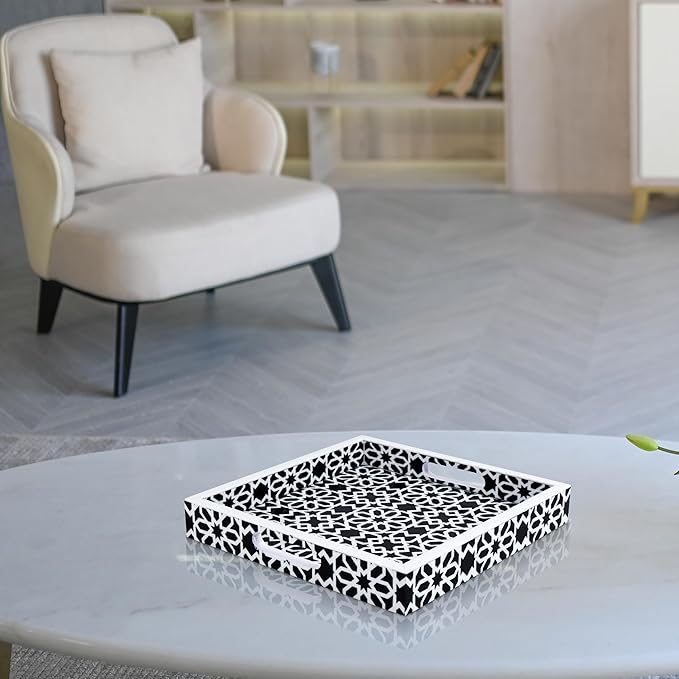 Handicrafts Home 12"x12" Ottoman Tray with Handles, Shiraz Pattern Square Serving Tray for Centerpiece, Resin Inlay Coffee Table Tray, Vanity, Breakfast, Home Décor