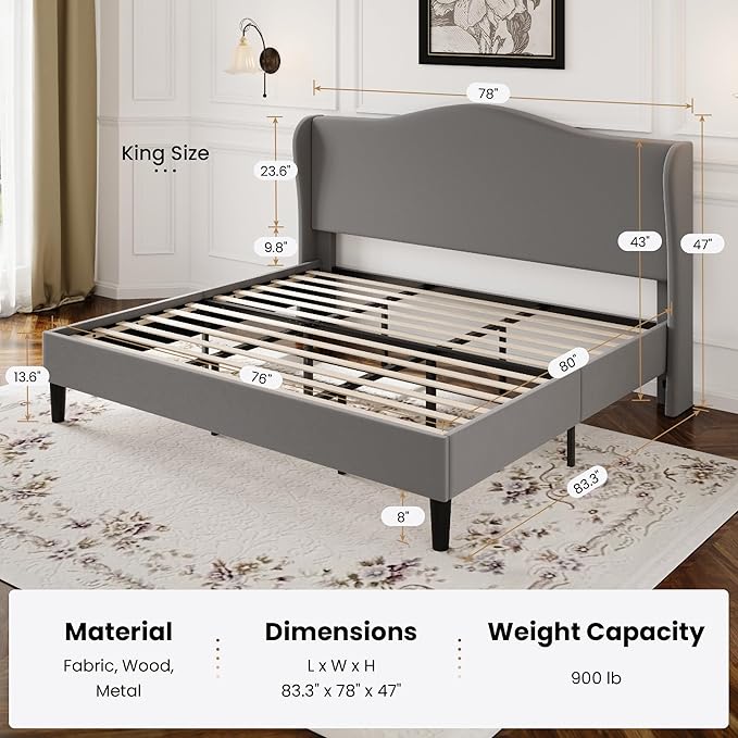 SHA CERLIN King Size Velvet Platform Bed Frame with Elegant Wingback Headboard, Modern & Luxurious Design, Sturdy Wooden Slats, No Box Spring Required, Easy Assembly, Noise-Free, Soft Grey