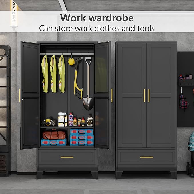 Metal Armoire Wardrobe Closet with Hanging Rod, Clothing Storage Cabinet with Adjustable Shelf and Drawer for Laundry Room, Bedroom, Home Office, Bathroom, 71" Black Large Capacit