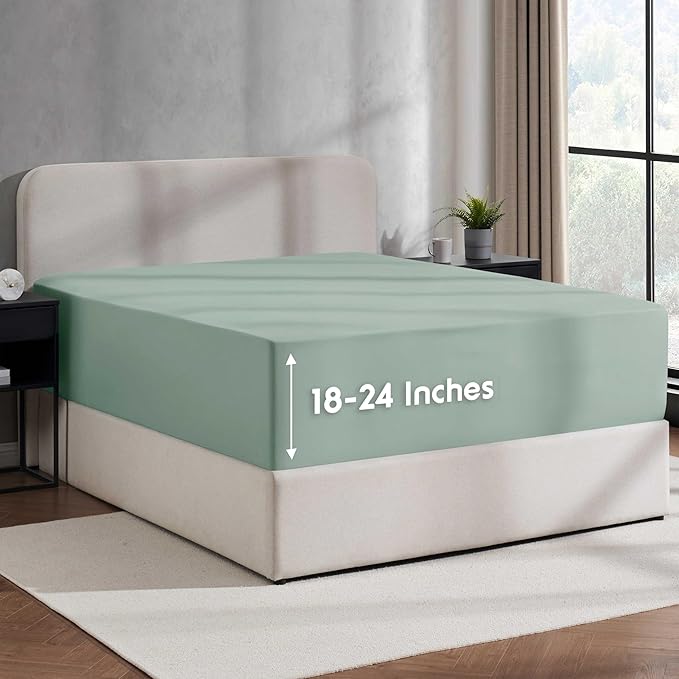 Nestl 4 Pack Sage Green Fitted Sheet Extra Deep Pocket, Hotel Luxury TwinFitted Sheet Only Easily Fits 18 to 24 Inch Mattress, Super Soft, Wrinkle-Free and Breathable with Corner Straps