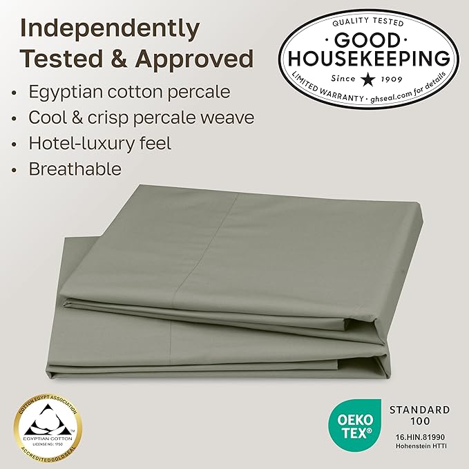 California Design Den 100% Egyptian Cotton Pillowcases King Size Set of 2 - Crisp Percale Feel, Soft & Breathable Envelope Closure Pillow Cases (Sage Leaf)