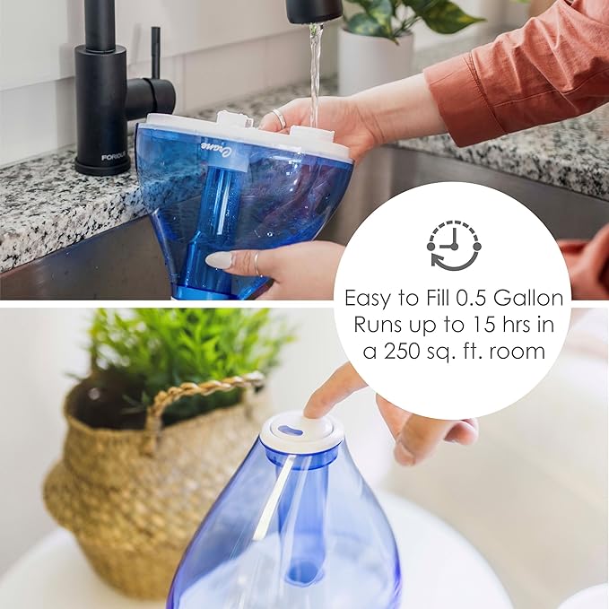 Crane Personal Ultrasonic Cool Mist Humidifier – 1.5 Liter, 8-Hour Run Time, Whisper Quiet, Auto Shut-Off, Filter-Free for Small Rooms, Offices, Nursery, Travel