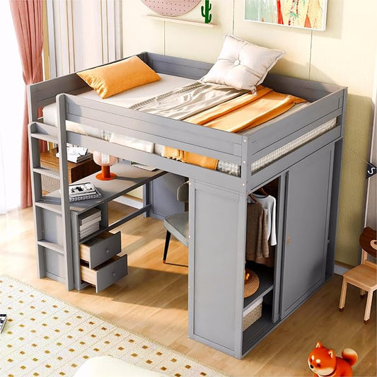 Modern Full Size Loft Bed with Wardrobes and 2-Drawer Desk with Cabinet,Multifunctional Wood Loft Bed for Bedroom,No Box Spring Required (Gray#Wardrobes, Full)