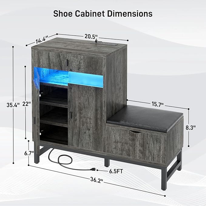 Armocity Shoe Cabinet Storage for Entryway - Freestanding Shoe Rack Bench with LED Lights & Power Outlets, Reversible Shoe Storage Cabinet Organizer with Drawer and Hidden Compartment, Grey Oak