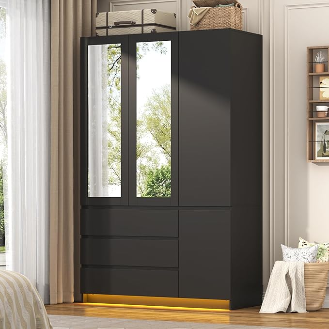 3 Doors Armoire Wooden Wardrobe Closet with 3 Drawers & 2 Mirror, 75"H Clothing Storage Cabinet with Hanging Rod,Modern Bedroom Large Freestanding Armoires with Led Lights for Bedroom,Black